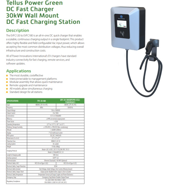 Tellus Power Green DC Fast Charger 30kW Wall Mount DC Fast Charging Station